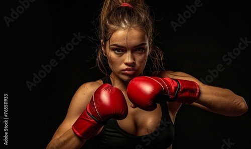 Kickboxing woman in activewear and red kickboxing gloves on black background performing a martial arts kick. Sport exercise, fitness workout, Generative AI