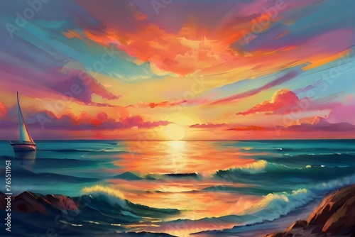 Sunset over sea art illustration, beautiful pastel colors painting generative AI