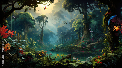 A lush rainforest canopy teeming with exotic birds photo