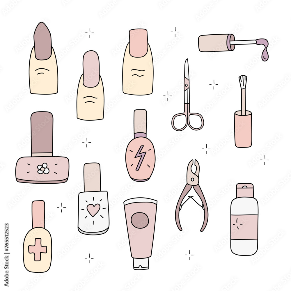 Obraz premium Manicure set. Vector illustration in doodle style