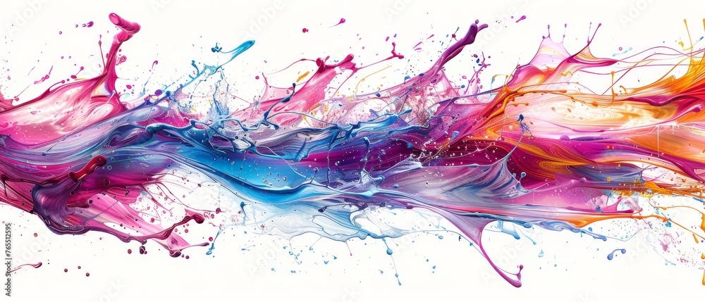 A painting with multiple hues on white canvas and a splatter at the base A painting with multiple hues on white canvas and a splatter at the base