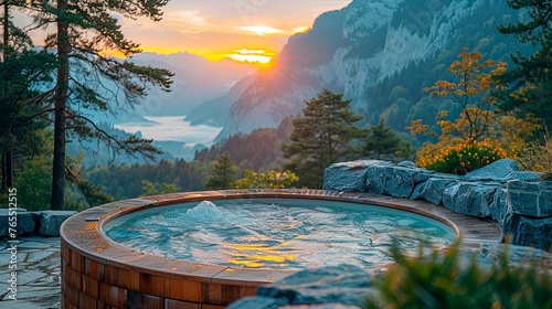 Cozy spa photos in the mountains, capturing the serene ambiance of a retreat nestled amidst nature's grandeur. photo