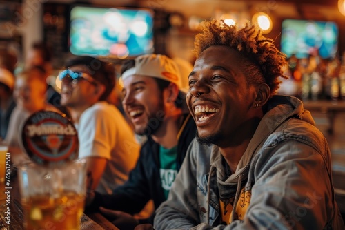 Three young men laughing at the bar, looking happy at soccer games, Generative AI