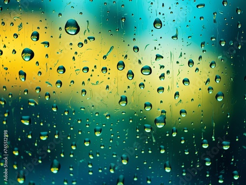 Yellow rain drops on an old window screen with abstract background