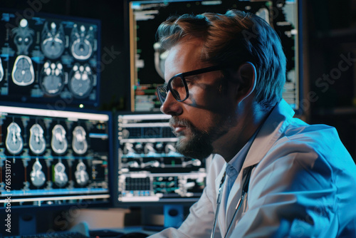 A medical professional thoroughly examines MRI brain images, diagnosing patient health in a high-tech environment