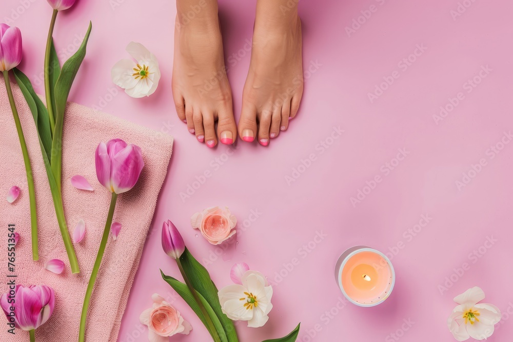 Serenity at a Spa Day: Female hands and feet with manicured nails beside white tulips and candles on pink background, depicting beauty and self-care rituals - AI generated Serenity at a Spa Day: Female hands and feet with manicured nails beside white tulips and candles on pink background, depicting beauty and self-care rituals - AI generated
