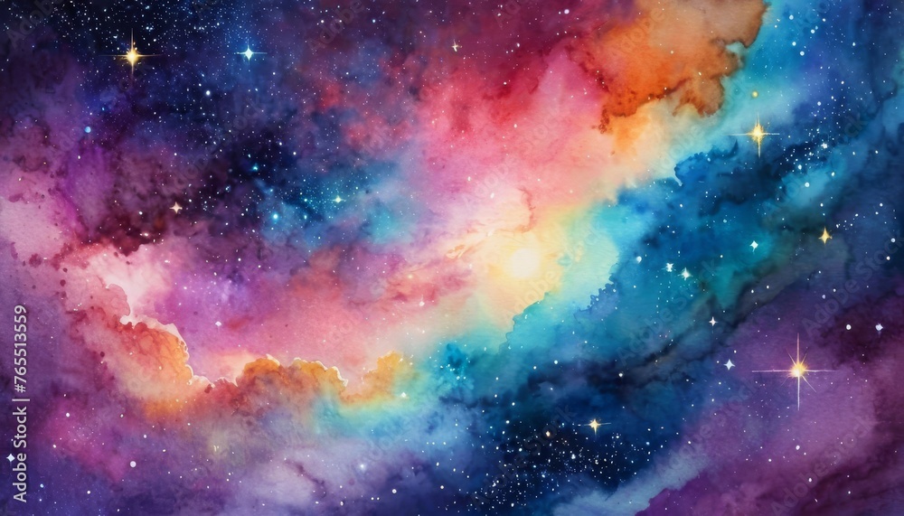 cosmic watercolor illustration. Colorful space background with stars