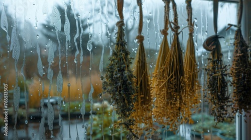 Herbs hang to dry against a windowpane  with raindrops tracing paths on the glass  evoking a feeling of coziness and natural living.