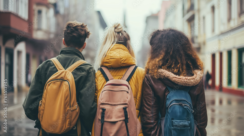 Friends with backpacks walking in town. - obrazy, fototapety, plakaty 