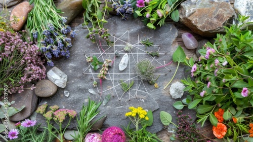 A serene top-down view of a crystal grid, intricately laid out and surrounded by an array of dried herbs and vibrant flowers, invoking a sense of natural healing and mystical ambiance.