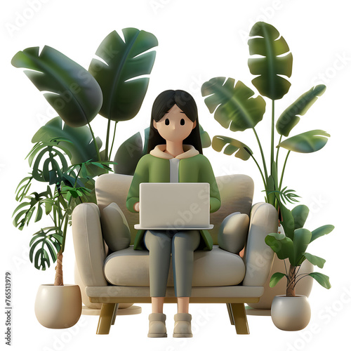 3d rendered 2d flat cartoon illustration of an Asian girl working with a laptop sitting on the couch and green plants around her isolated in a white background