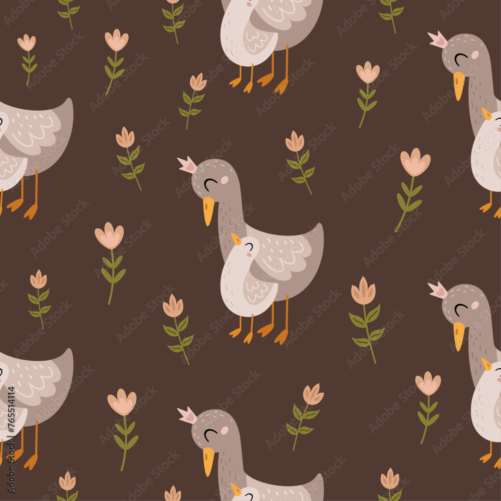 Seamless pattern with goose and flower in cartoon flat style. Happy Mothers day digital paper perfect for scrapbook paper, decor, background, fabric. Hand drawn vector pattern Seamless pattern with goose and flower in cartoon flat style. Happy Mothers day digital paper perfect for scrapbook paper, decor, background, fabric. Hand drawn vector pattern