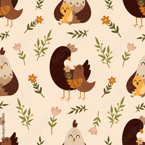 Seamless pattern with hen and chicken in cartoon flat style. Happy Mothers day digital paper perfect for scrapbook paper, decor, background, fabric. Hand drawn vector pattern