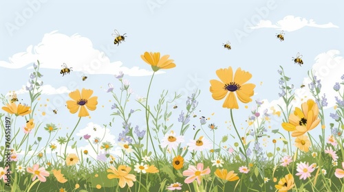 Vibrant illustration of bees flying around a blooming meadow, with a variety of wildflowers against a clear blue sky, evoking the essence of spring.