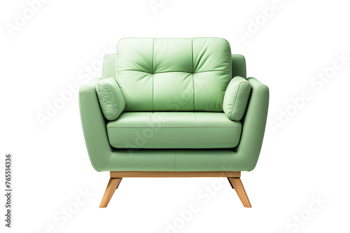 Office chair or sofa small from green leather isolated on cut out PNG or transparent background. Decorate place in living room or drawing room. Modern interior decoration meeting room.