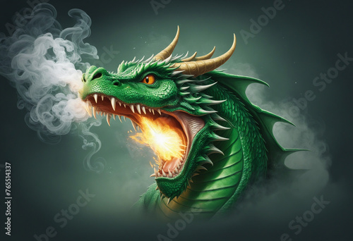 Fire-breathing green dragon in puffs of smoke colourful background © Fukurou