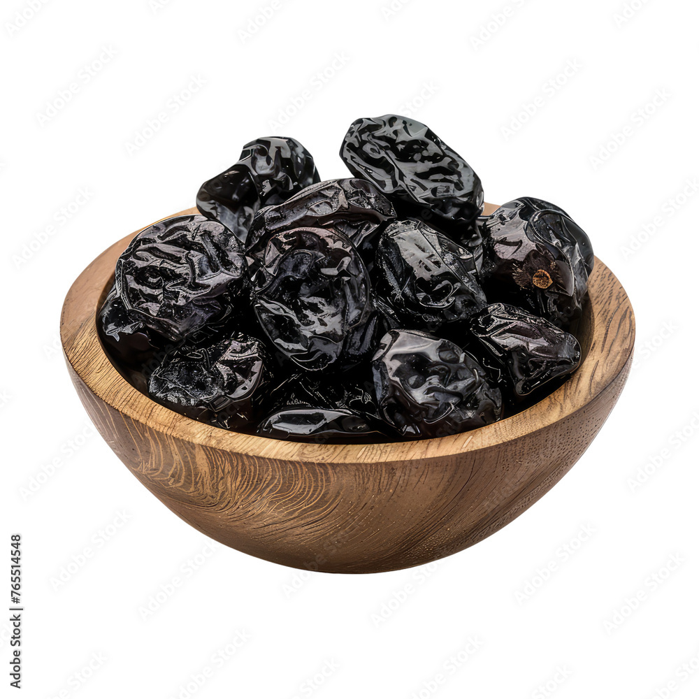 Prunes in a wooden bowl isolated on transparent background Prunes in a wooden bowl isolated on transparent background