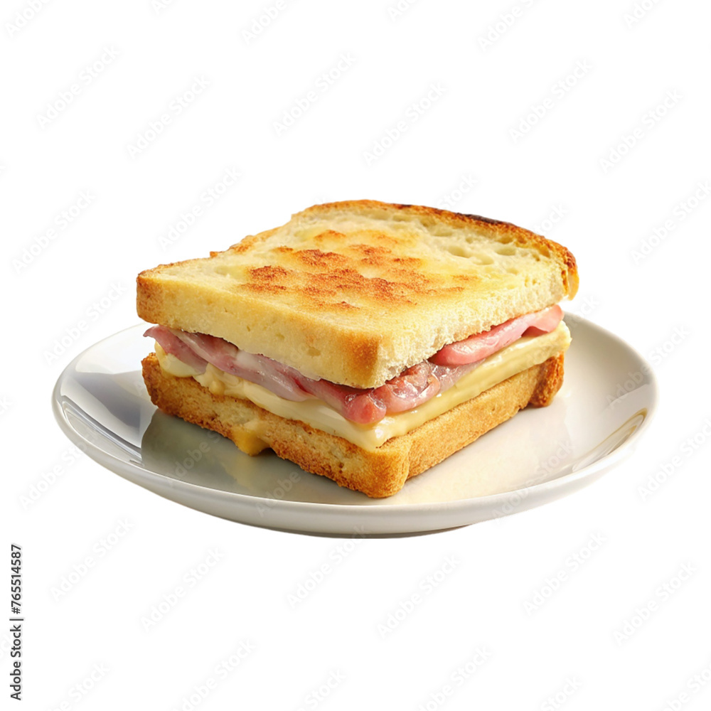 Sandwich croque monsieur on white plate. isolated on transparent background.