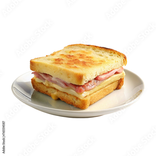 Sandwich croque monsieur on white plate. isolated on transparent background.