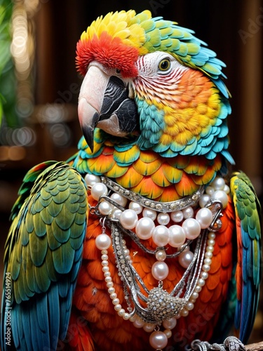 Parrot Wear Necklace of Pearls Generative Ai
