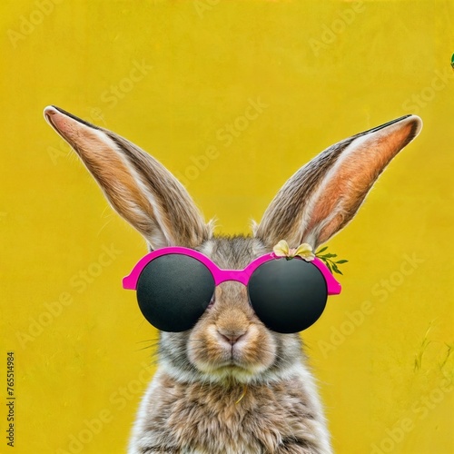 Funny easter concept holiday animal celebration greeting card - Cool easter bunny, rabbit with pink sunglasses, isolated on yellow background Generative Ai
