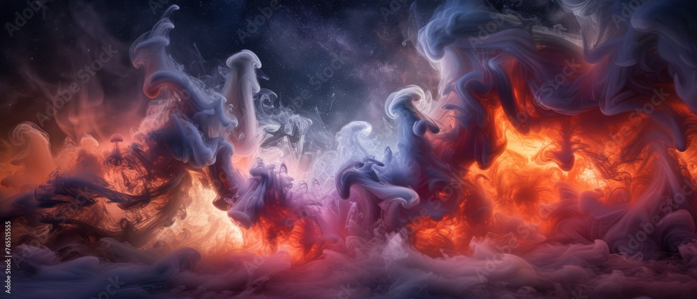 Fototapeta premium Group of white and red smoke on dark background with blue sky and white clouds in front