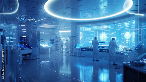 A futuristic genetics lab bathed in soft blue light, showcasing scientists immersed in virtual reality simulations of genetic engineering. 32K