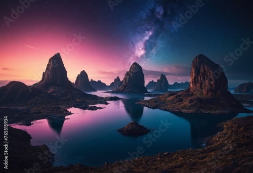 Modern Futuristic Fantasy Night Landscape With Abstract Islands And Night Sky