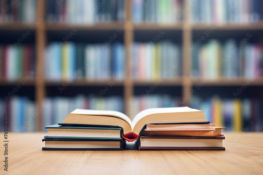 Book in library with old open textbook, stack piles of literature text archive on reading desk, academic education learning concept - generative ai Book in library with old open textbook, stack piles of literature text archive on reading desk, academic education learning concept - generative ai