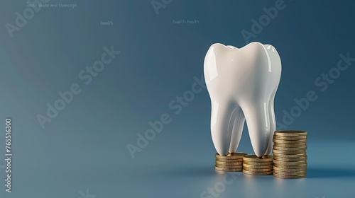 The Cost of Dental Health: Giant Molar Tooth Model on Stacks of Coins against Blue Background - AI generated