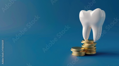 The Cost of Dental Health: Giant Molar Tooth Model on Stacks of Coins against Blue Background - AI generated