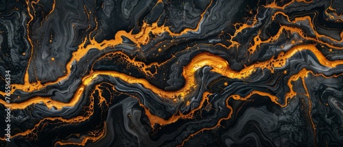  A close-up of a black-and-yellow pattern with orange swirls atop and below