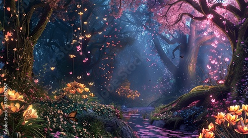 In the heart of an enchanted forest, twilight descends with a soft glow, lighting up an array of magical flowers and delicate floating petals. Magical Twilight in the Enchanted Flower Forest

