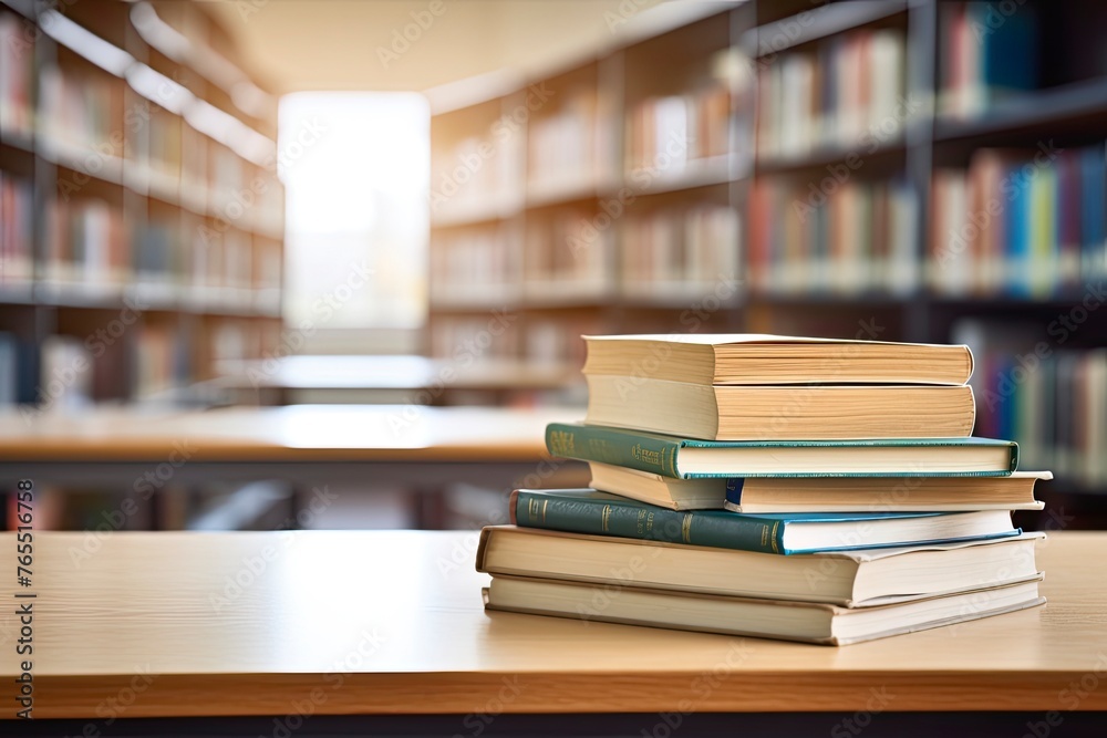 Book in library with old open textbook, stack piles of literature text archive on reading desk, academic education learning concept - generative ai