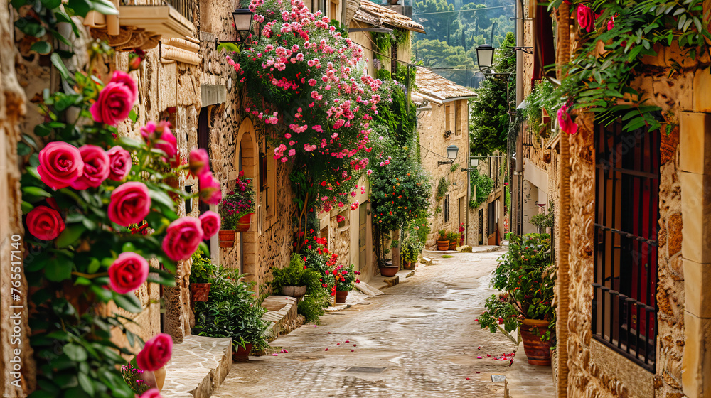 A picturesque village street, evoking the charm of Mediterranean architecture and the timeless beauty of historic towns