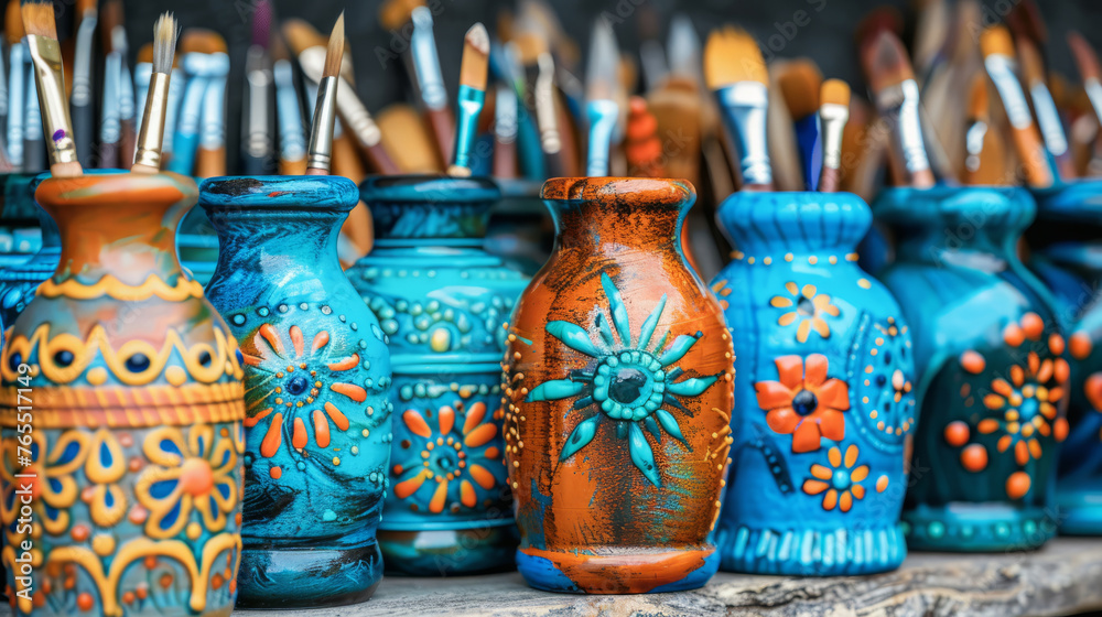 Colorful handcrafted (handmade) items with traditional designs for sale at local market. Bright blue souvenir.