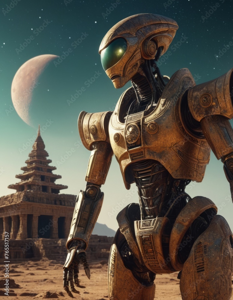 A majestic robot stands in a desert beside ancient ruins under a starry sky, invoking tales of science fiction and exploration.