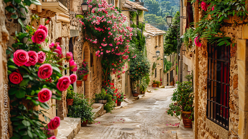 A picturesque village street  evoking the charm of Mediterranean architecture and the timeless beauty of historic towns