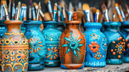 Colorful handcrafted (handmade) items with traditional designs for sale at local market. Bright blue souvenir. photo