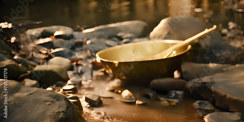 Finding gold. gold panning, digging or gold prospecting. Gold on wash pan with Gold prospecting tools. 4K Video photo