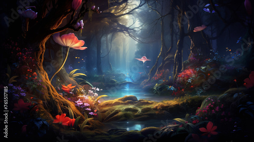 A mystical forest with glowing flora and fauna