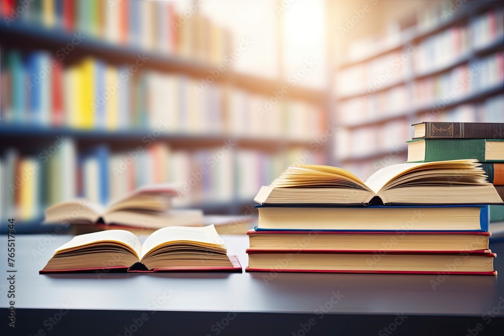 Book in library with old open textbook, stack piles of literature text archive on reading desk, academic education learning concept - generative ai Book in library with old open textbook, stack piles of literature text archive on reading desk, academic education learning concept - generative ai