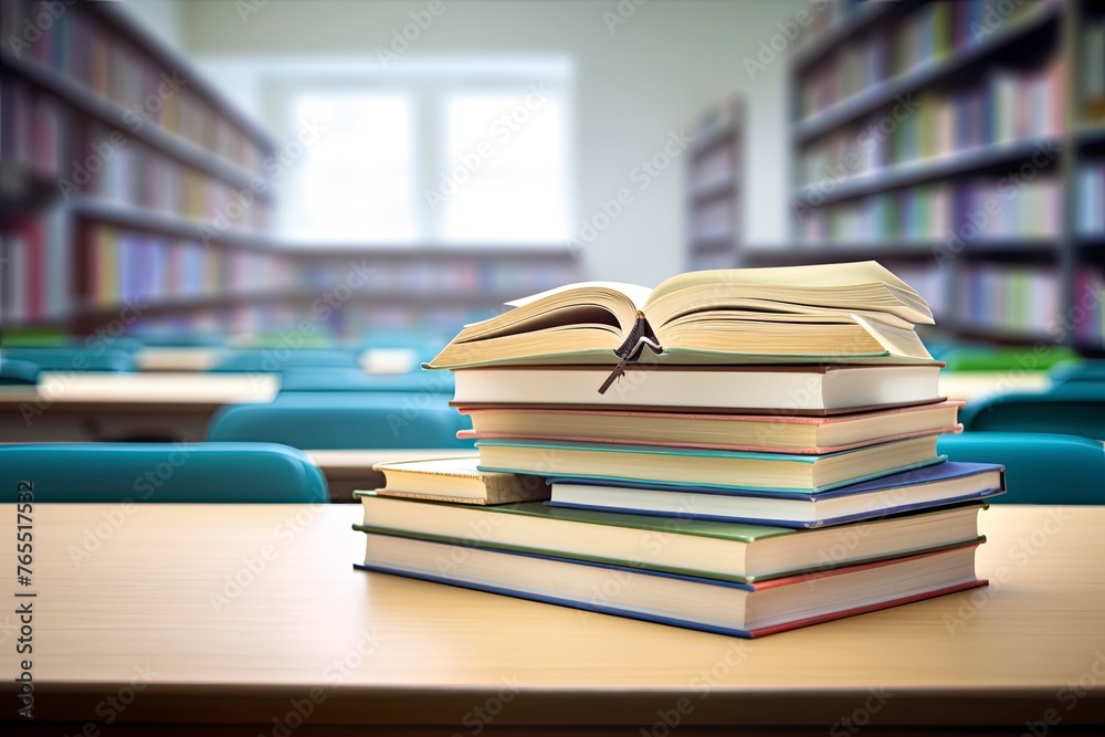 Book in library with old open textbook, stack piles of literature text archive on reading desk, academic education learning concept - generative ai Book in library with old open textbook, stack piles of literature text archive on reading desk, academic education learning concept - generative ai