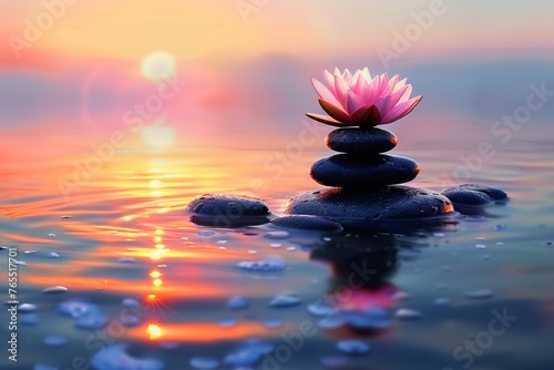 Zen Serenity - Spa Stones and Waterlily Floating in a Lake at Sunset. Made with Generative AI Technology