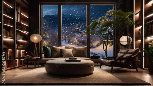 A cozy winter cottage having chimney place with a beautiful window view of the snow fall.