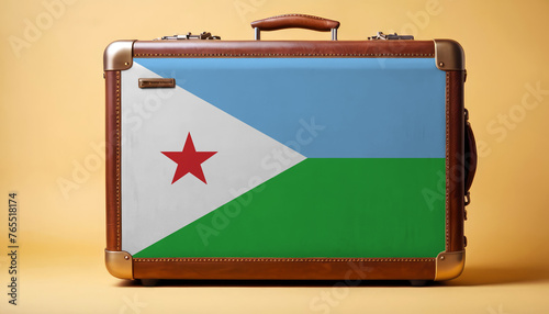 Djibouti flag on old vintage leather suitcase with national concept. Retro brown luggage with copy space text. photo