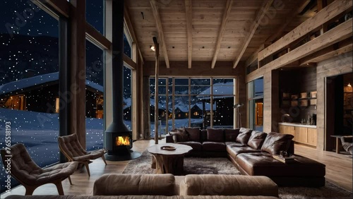 A cozy winter cottage having chimney place with a beautiful window view of the snow fall.