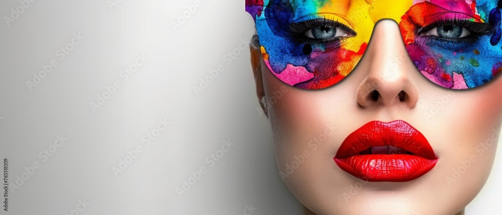 A close-up portrait of a woman wearing a colorful butterfly mask A close-up portrait of a woman wearing a colorful butterfly mask