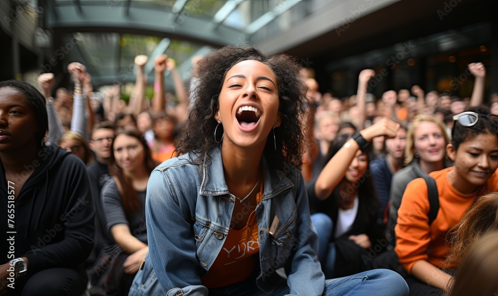 Woman Sitting in Front of Crowd at Event