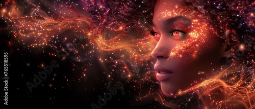  A vivid digital artwork featuring a female face, radiant hair, and shimmering celestial bodies on a dark backdrop